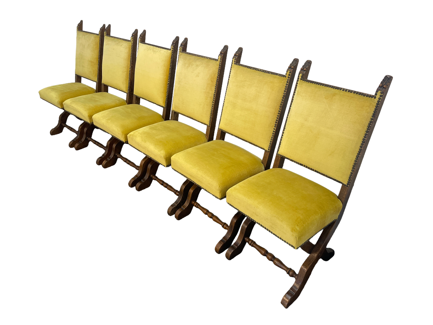 Set of 6 Spanish Revival Mahogany Dining Chairs with Yellow Velvet Upholstery, 1970s
