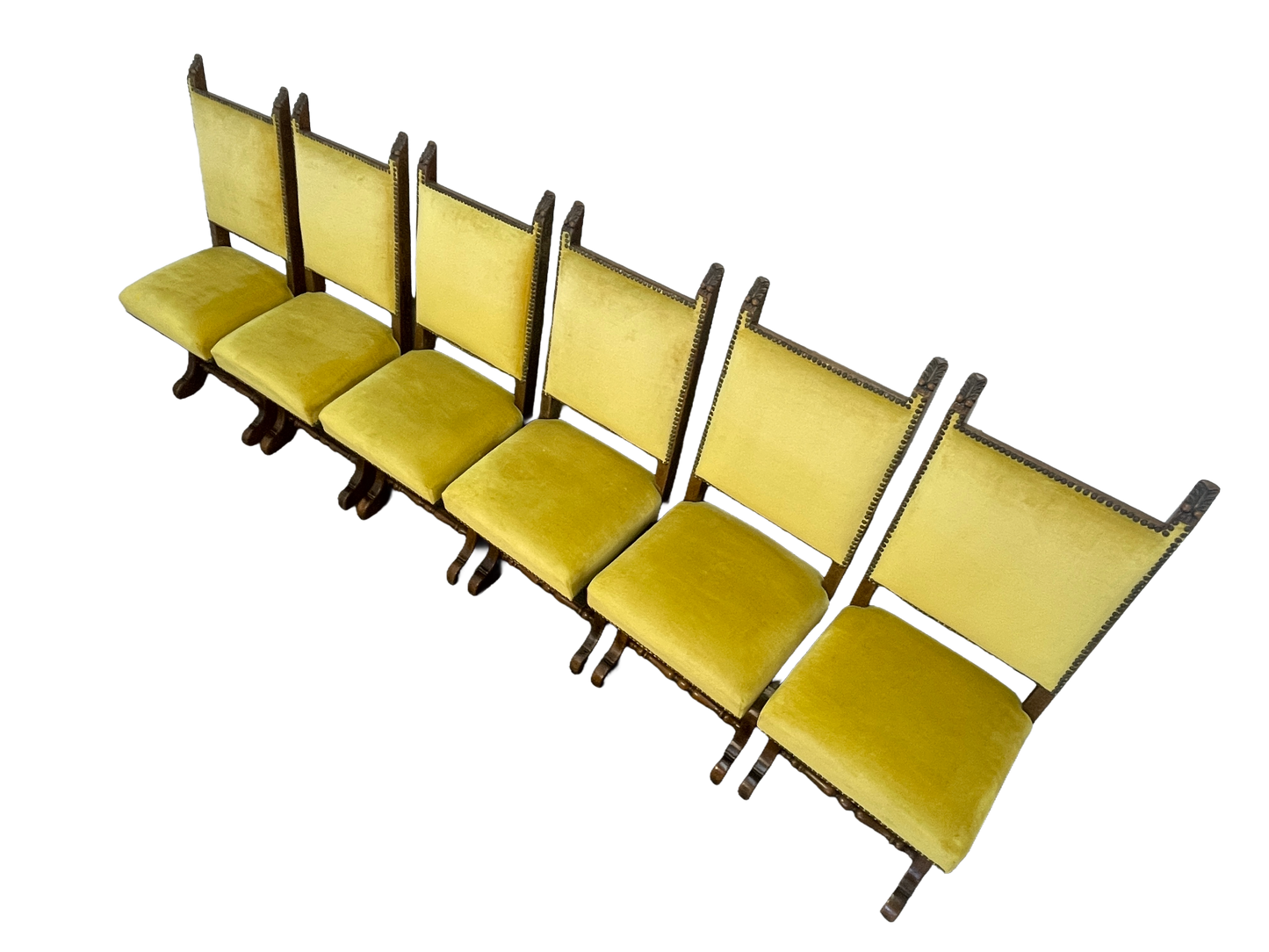 Set of 6 Spanish Revival Mahogany Dining Chairs with Yellow Velvet Upholstery, 1970s