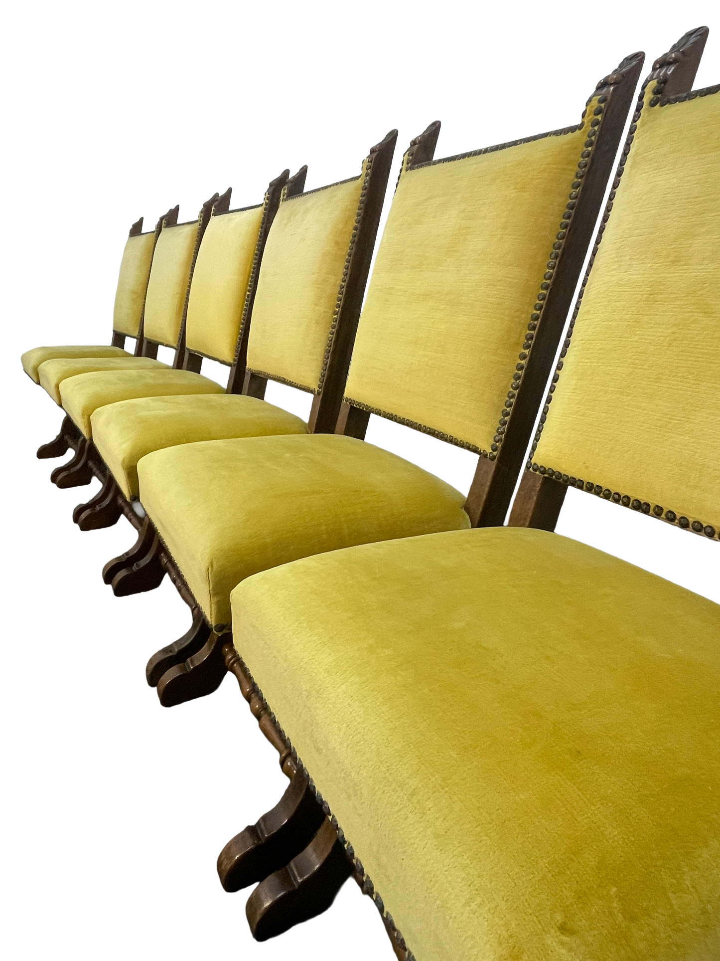 Set of 6 Spanish Revival Mahogany Dining Chairs with Yellow Velvet Upholstery, 1970s