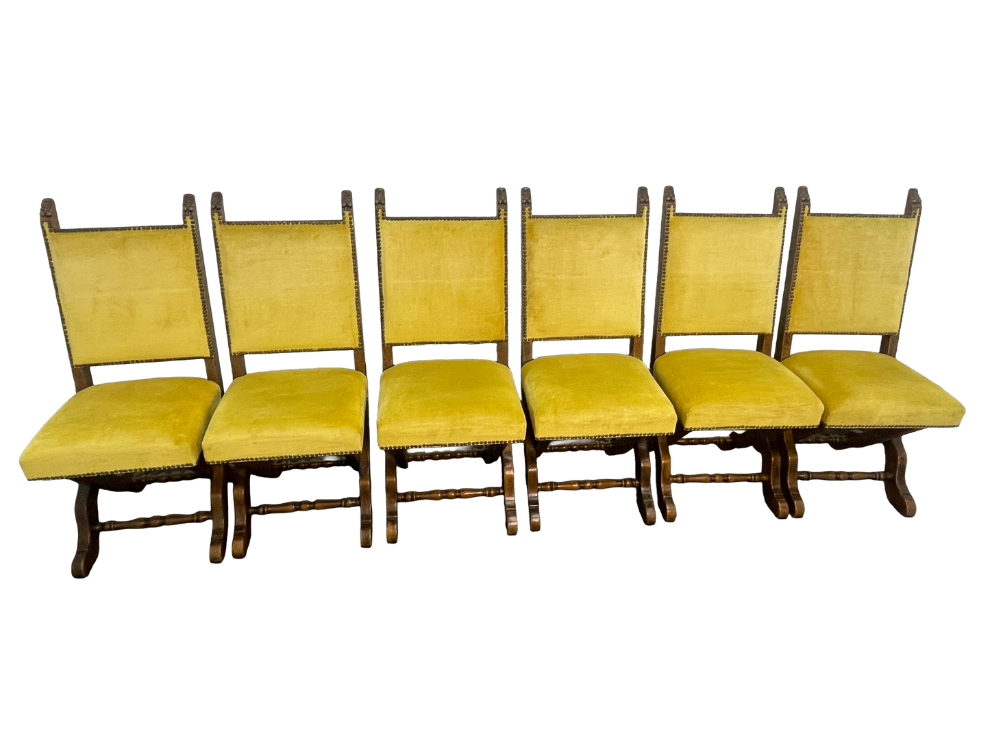 Set of 6 Spanish Revival Mahogany Dining Chairs with Yellow Velvet Upholstery, 1970s