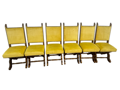 Set of 6 Spanish Revival Mahogany Dining Chairs with Yellow Velvet Upholstery, 1970s