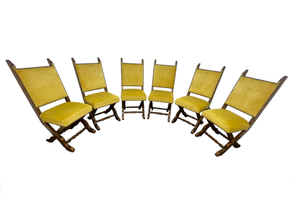 Set of 6 Spanish Revival Mahogany Dining Chairs with Yellow Velvet Upholstery, 1970s