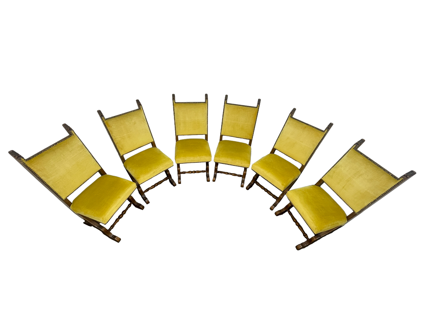 Set of 6 Spanish Revival Mahogany Dining Chairs with Yellow Velvet Upholstery, 1970s