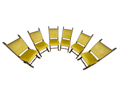 Set of 6 Spanish Revival Mahogany Dining Chairs with Yellow Velvet Upholstery, 1970s