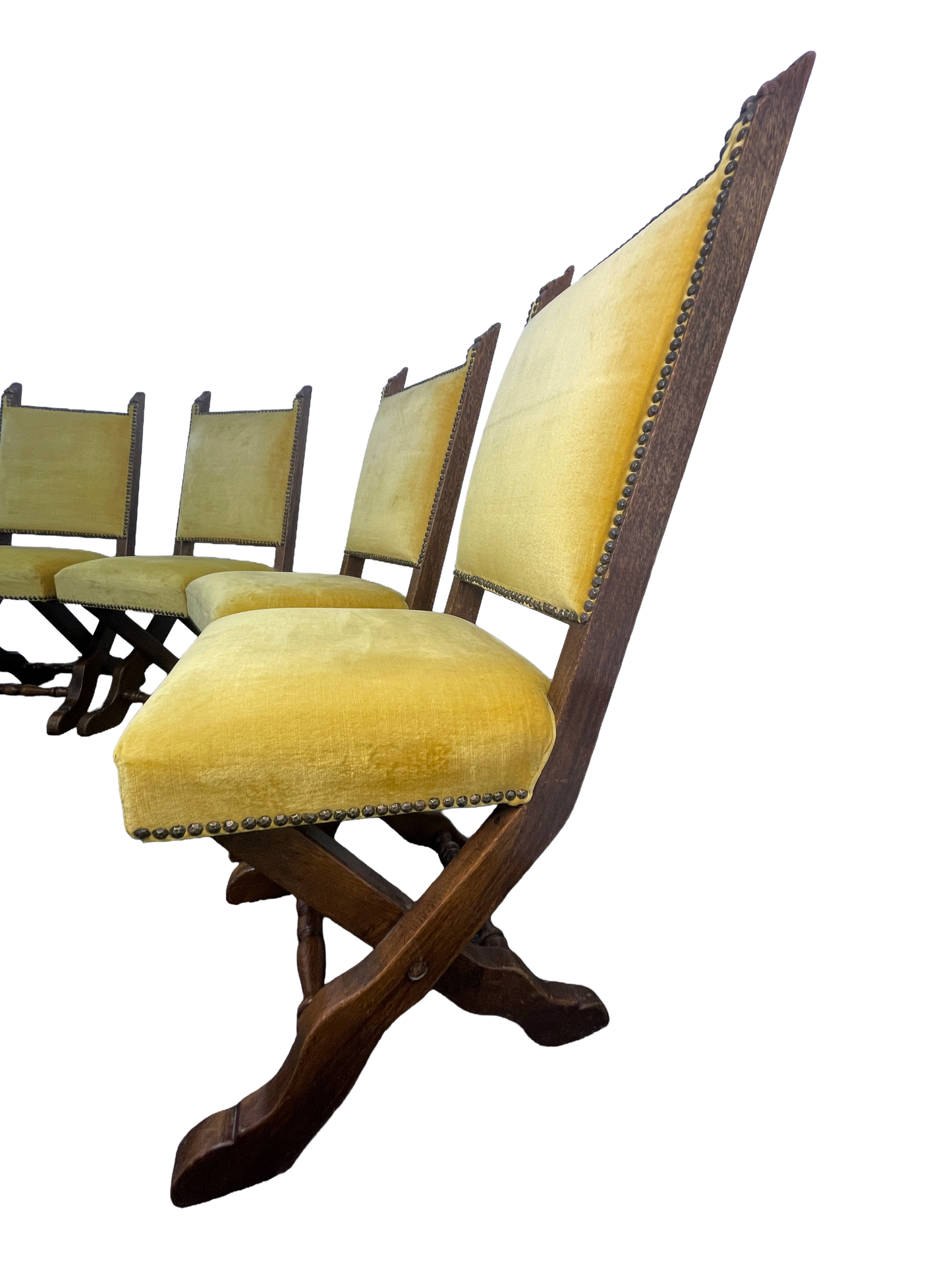 Set of 6 Spanish Revival Mahogany Dining Chairs with Yellow Velvet Upholstery, 1970s
