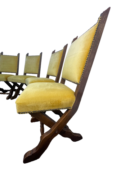 Set of 6 Spanish Revival Mahogany Dining Chairs with Yellow Velvet Upholstery, 1970s