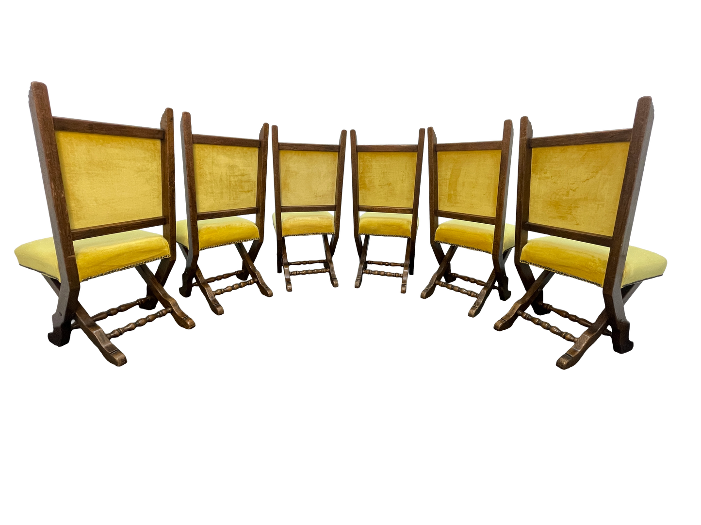 Set of 6 Spanish Revival Mahogany Dining Chairs with Yellow Velvet Upholstery, 1970s