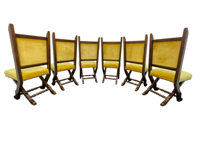 Set of 6 Spanish Revival Mahogany Dining Chairs with Yellow Velvet Upholstery, 1970s