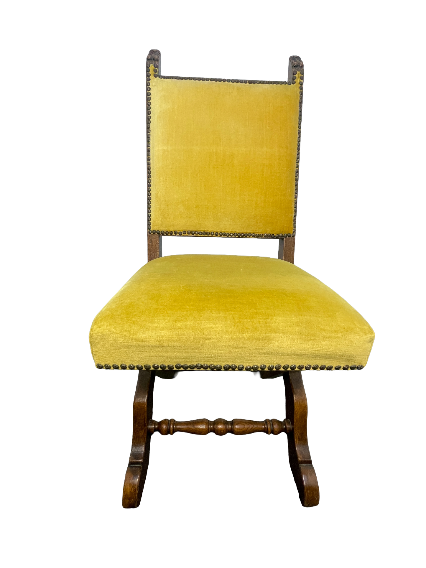 Set of 6 Spanish Revival Mahogany Dining Chairs with Yellow Velvet Upholstery, 1970s