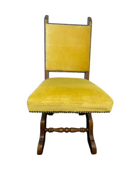 Set of 6 Spanish Revival Mahogany Dining Chairs with Yellow Velvet Upholstery, 1970s