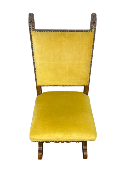 Set of 6 Spanish Revival Mahogany Dining Chairs with Yellow Velvet Upholstery, 1970s