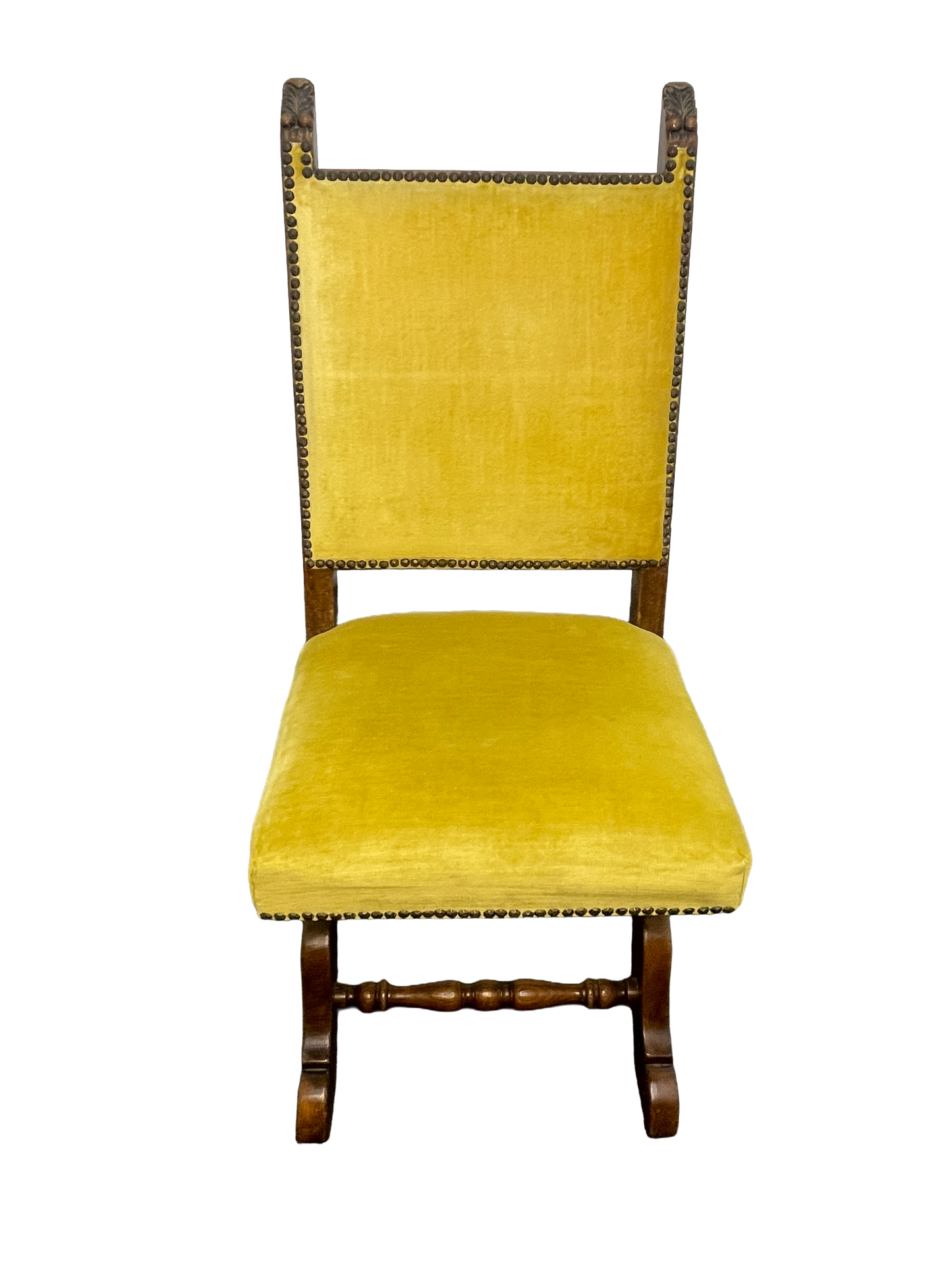 Set of 6 Spanish Revival Mahogany Dining Chairs with Yellow Velvet Upholstery, 1970s