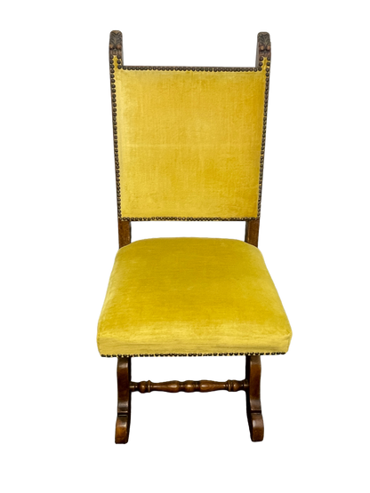 Set of 6 Spanish Revival Mahogany Dining Chairs with Yellow Velvet Upholstery, 1970s