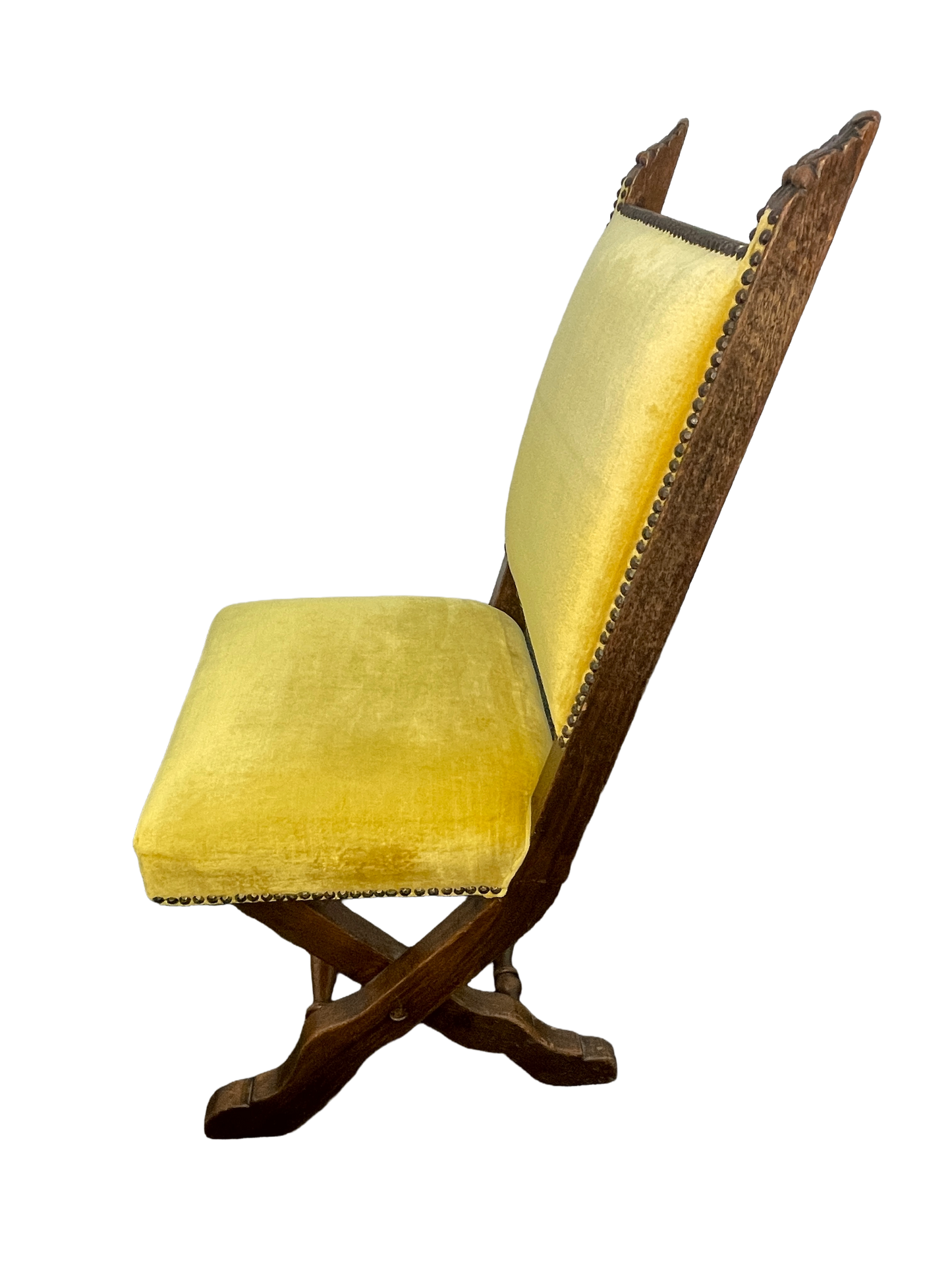 Set of 6 Spanish Revival Mahogany Dining Chairs with Yellow Velvet Upholstery, 1970s