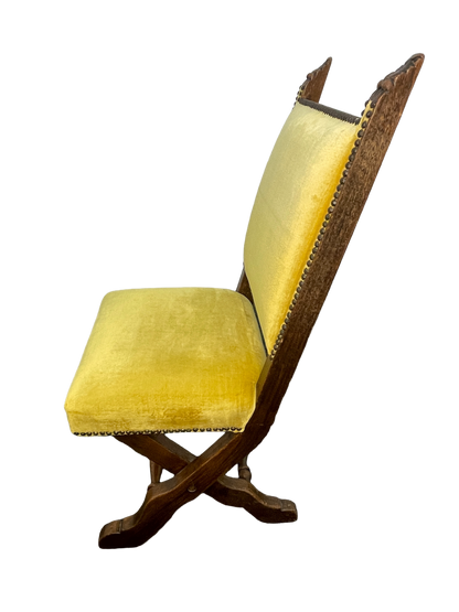 Set of 6 Spanish Revival Mahogany Dining Chairs with Yellow Velvet Upholstery, 1970s