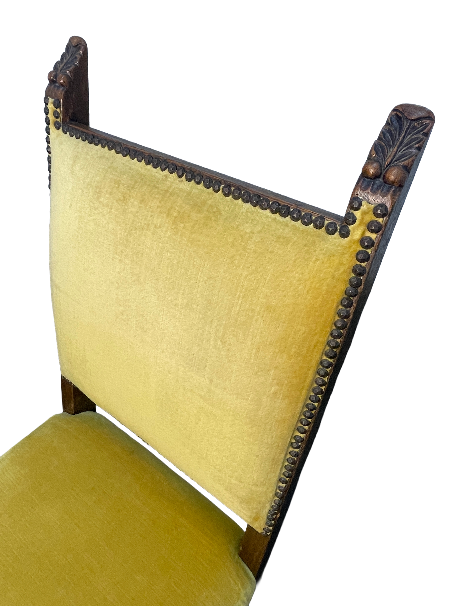 Set of 6 Spanish Revival Mahogany Dining Chairs with Yellow Velvet Upholstery, 1970s