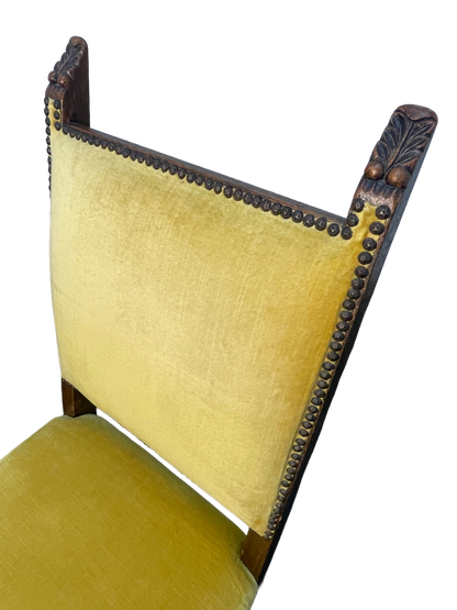 Set of 6 Spanish Revival Mahogany Dining Chairs with Yellow Velvet Upholstery, 1970s