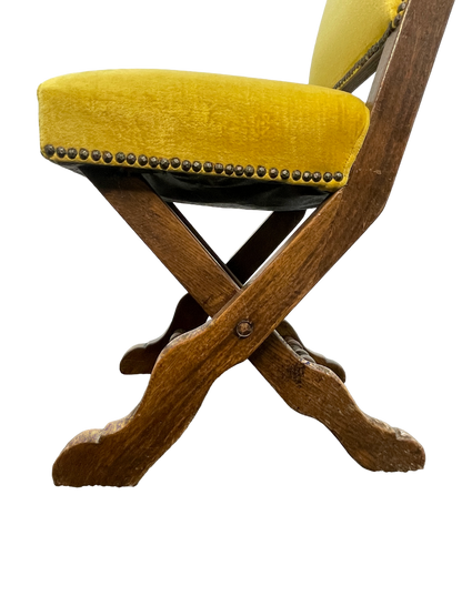 Set of 6 Spanish Revival Mahogany Dining Chairs with Yellow Velvet Upholstery, 1970s