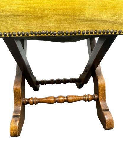Set of 6 Spanish Revival Mahogany Dining Chairs with Yellow Velvet Upholstery, 1970s