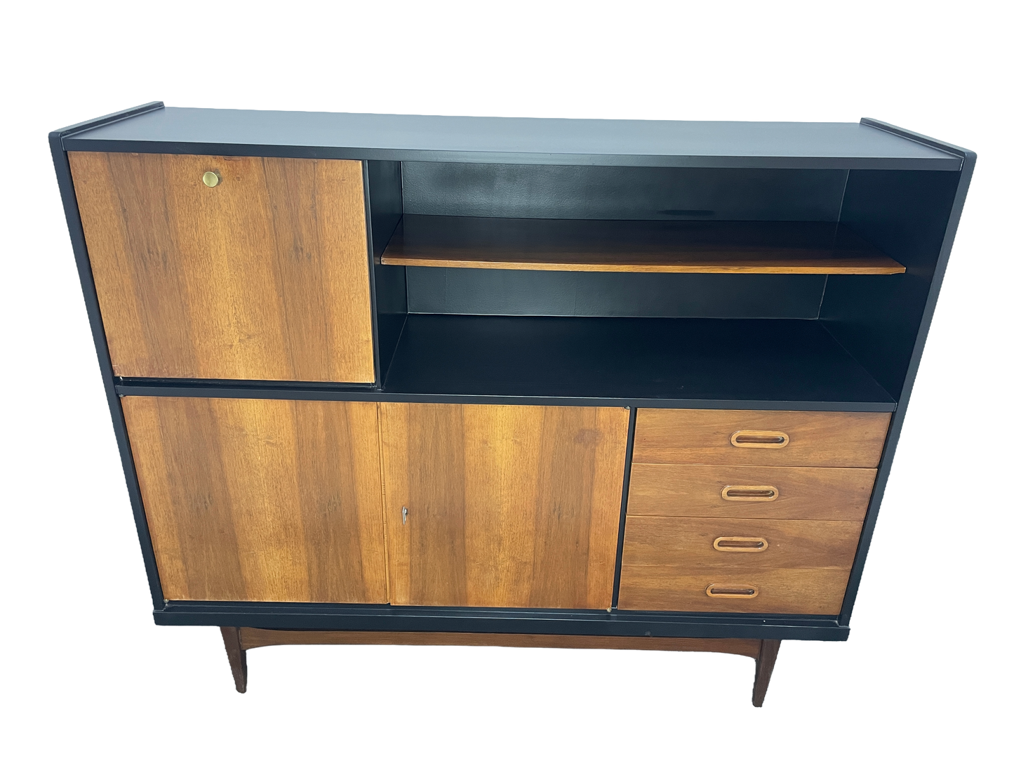 Mid-Century Modern Walnut Storage Cabinet / Credenza With Black Frame, 1950s