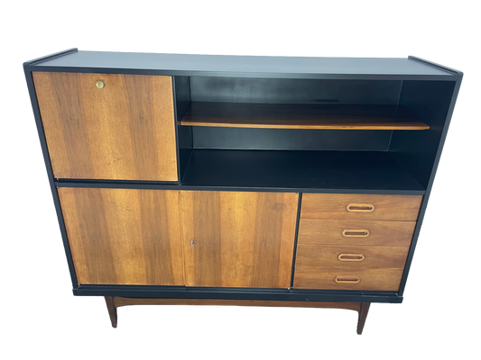 Mid-Century Modern Walnut Storage Cabinet / Credenza With Black Frame, 1950s