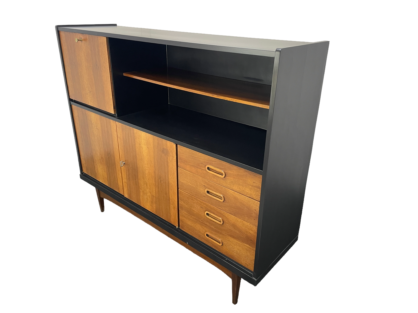 Mid-Century Modern Walnut Storage Cabinet / Credenza With Black Frame, 1950s