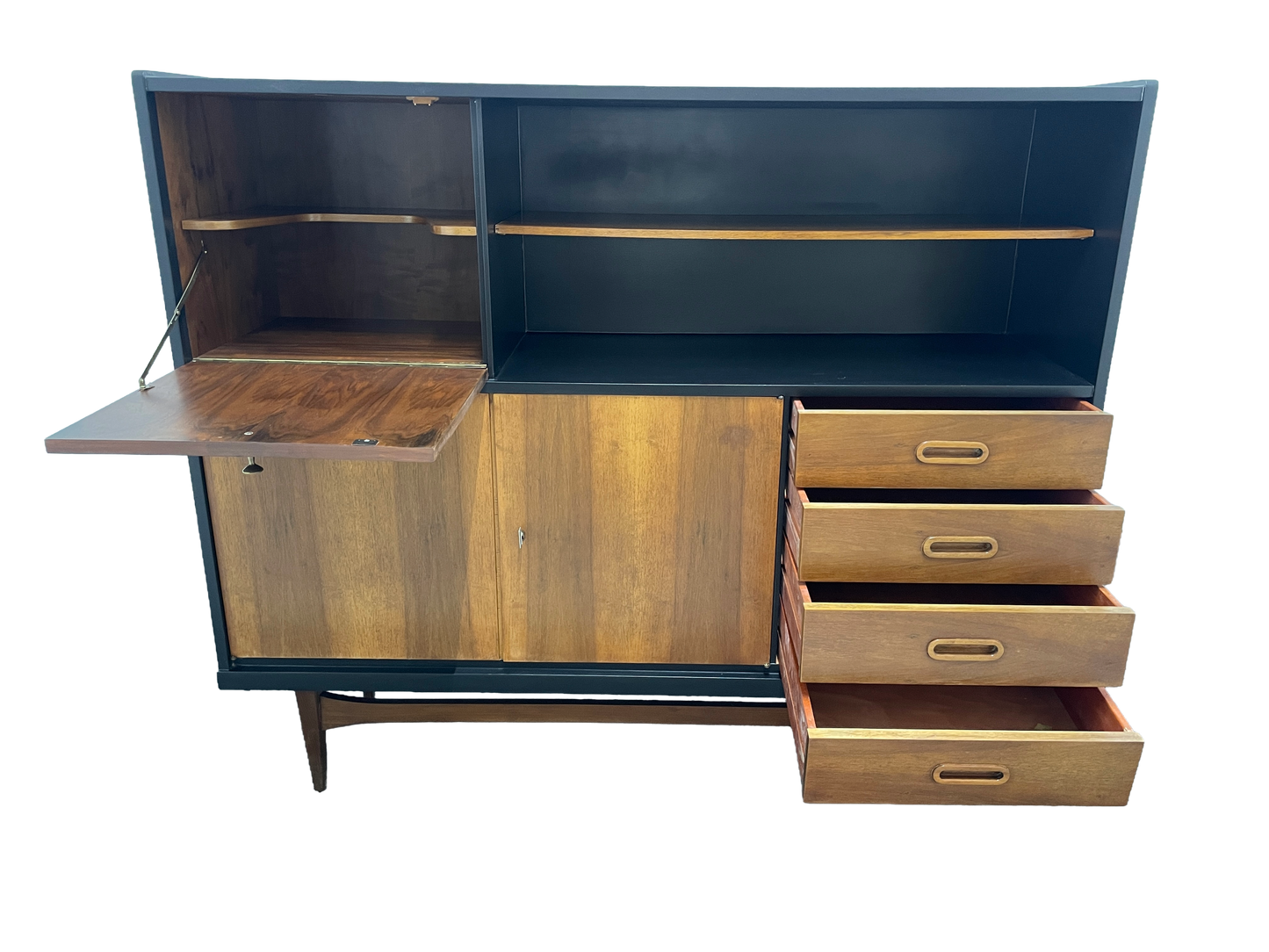 Mid-Century Modern Walnut Storage Cabinet / Credenza With Black Frame, 1950s