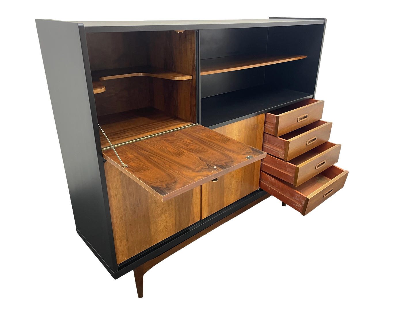 Mid-Century Modern Walnut Storage Cabinet / Credenza With Black Frame, 1950s