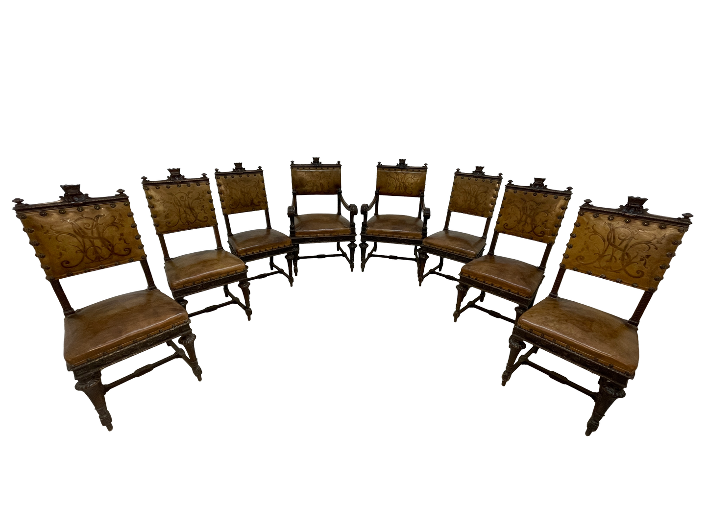Set of 8 Italian Walnut Dining Chairs with Embossed Leather, Late 19th Century