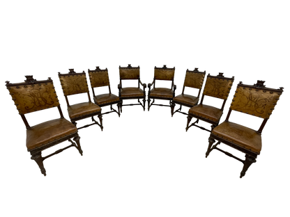 Set of 8 Italian Walnut Dining Chairs with Embossed Leather, Late 19th Century