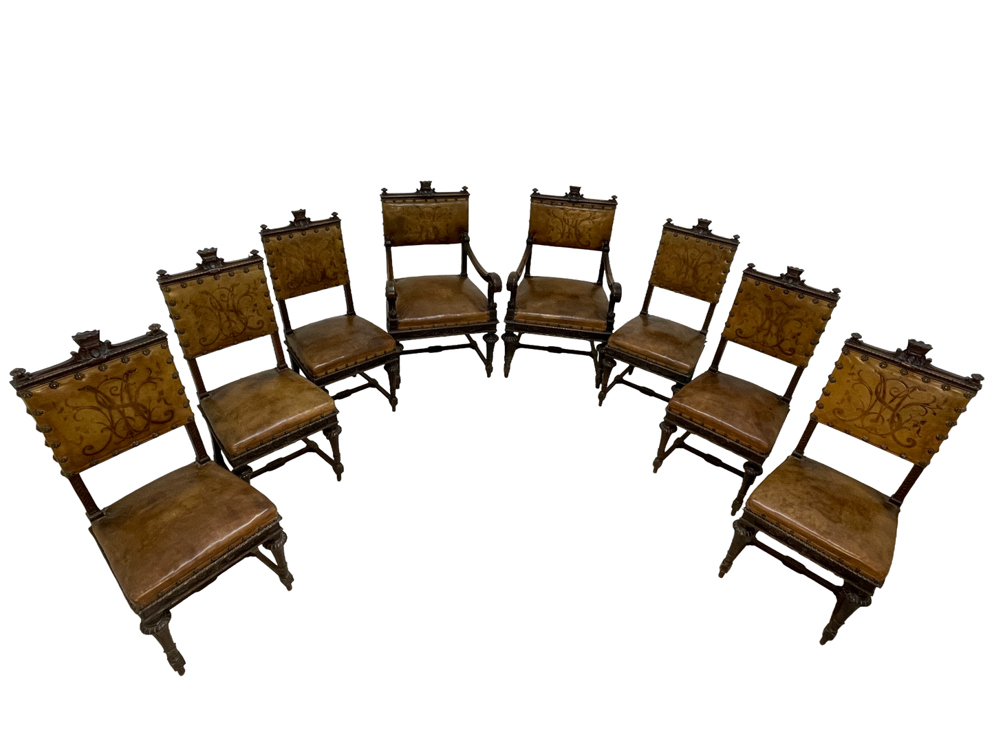 Set of 8 Italian Walnut Dining Chairs with Embossed Leather, Late 19th Century