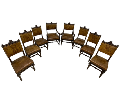 Set of 8 Italian Walnut Dining Chairs with Embossed Leather, Late 19th Century