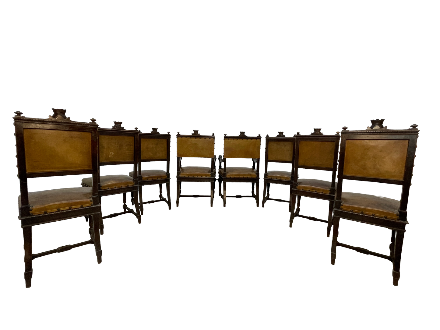 Set of 8 Italian Walnut Dining Chairs with Embossed Leather, Late 19th Century