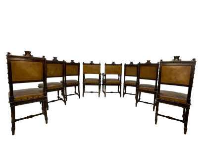 Set of 8 Italian Walnut Dining Chairs with Embossed Leather, Late 19th Century