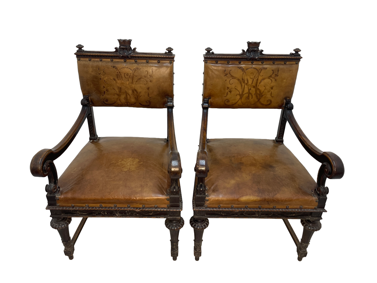 Set of 8 Italian Walnut Dining Chairs with Embossed Leather, Late 19th Century