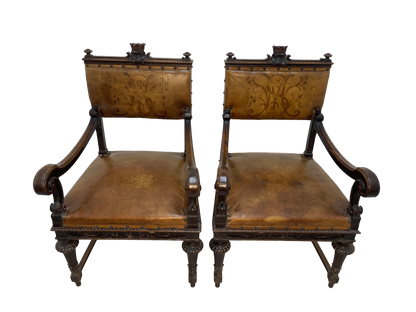 Set of 8 Italian Walnut Dining Chairs with Embossed Leather, Late 19th Century
