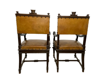 Set of 8 Italian Walnut Dining Chairs with Embossed Leather, Late 19th Century