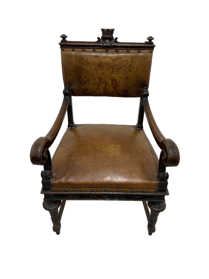 Set of 8 Italian Walnut Dining Chairs with Embossed Leather, Late 19th Century