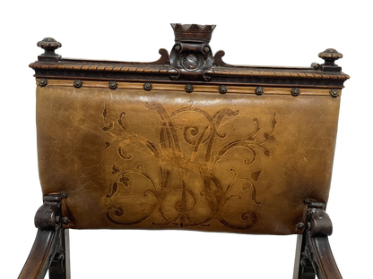 Set of 8 Italian Walnut Dining Chairs with Embossed Leather, Late 19th Century
