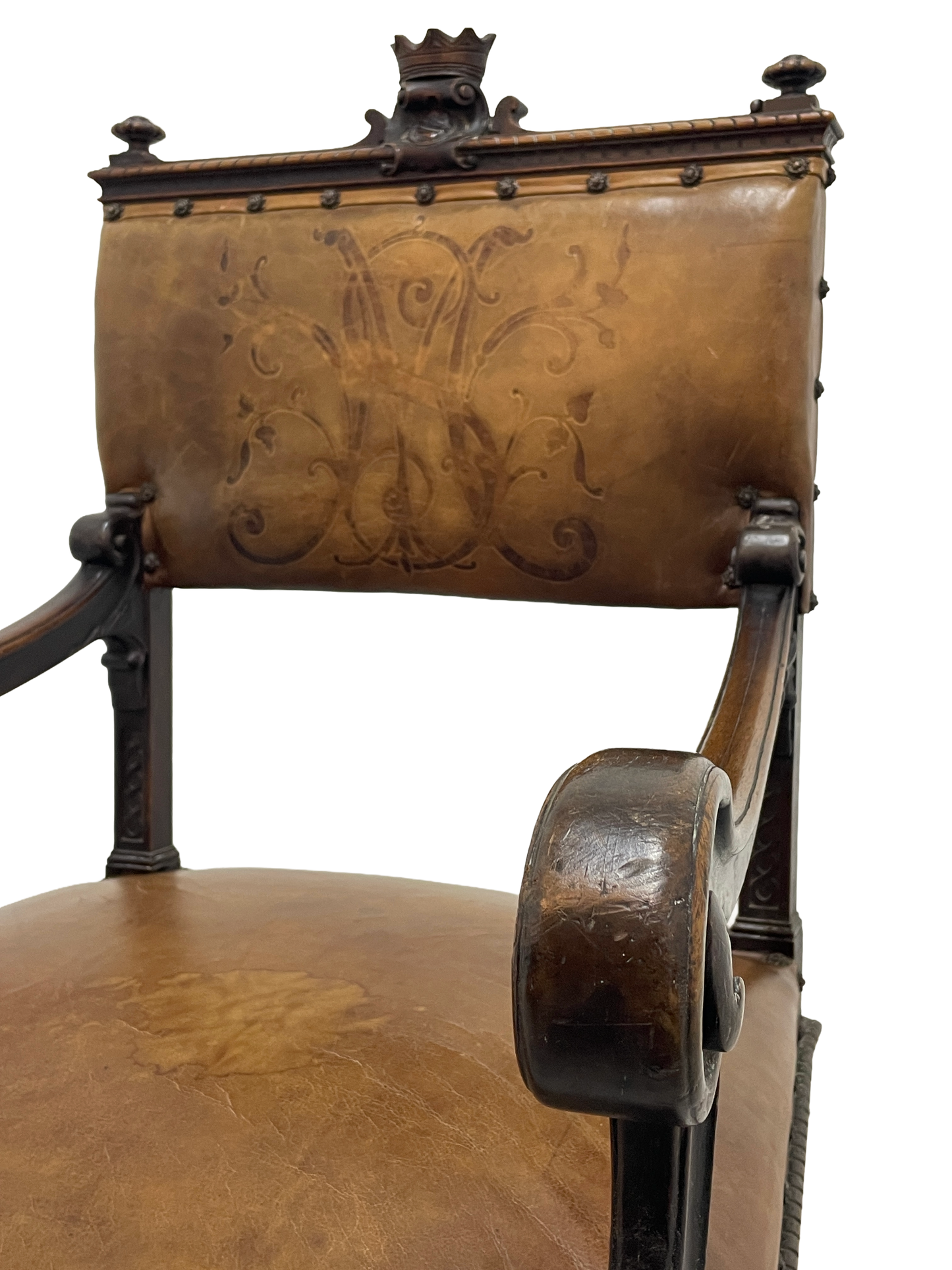 Set of 8 Italian Walnut Dining Chairs with Embossed Leather, Late 19th Century