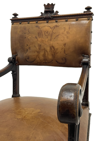 Set of 8 Italian Walnut Dining Chairs with Embossed Leather, Late 19th Century