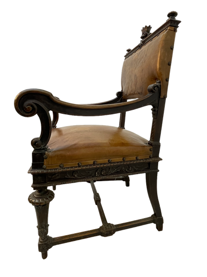 Set of 8 Italian Walnut Dining Chairs with Embossed Leather, Late 19th Century