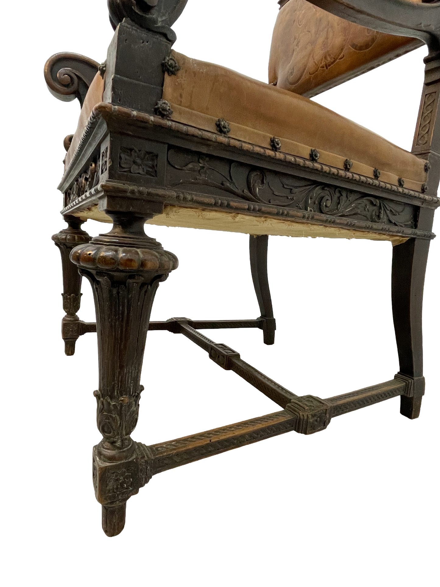 Set of 8 Italian Walnut Dining Chairs with Embossed Leather, Late 19th Century