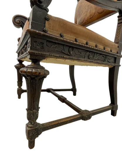 Set of 8 Italian Walnut Dining Chairs with Embossed Leather, Late 19th Century