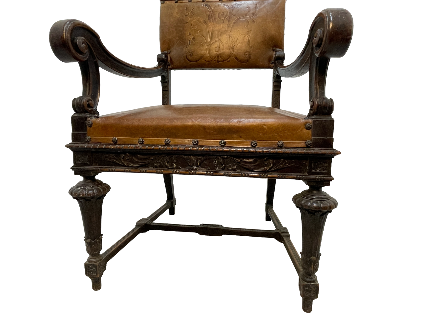 Set of 8 Italian Walnut Dining Chairs with Embossed Leather, Late 19th Century