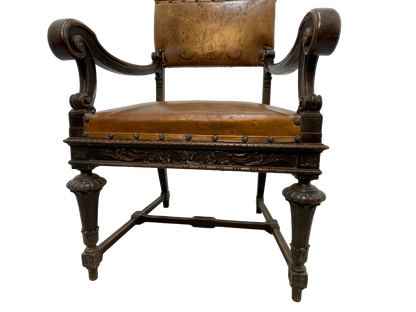 Set of 8 Italian Walnut Dining Chairs with Embossed Leather, Late 19th Century