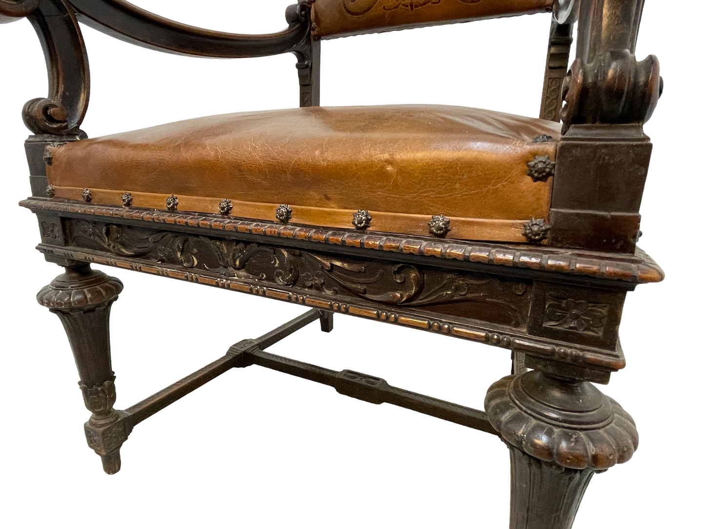Set of 8 Italian Walnut Dining Chairs with Embossed Leather, Late 19th Century