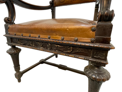Set of 8 Italian Walnut Dining Chairs with Embossed Leather, Late 19th Century