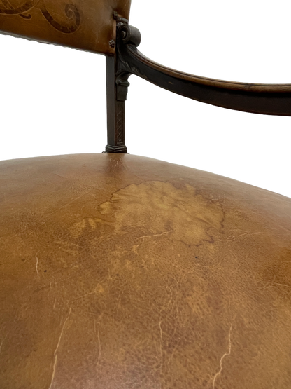 Set of 8 Italian Walnut Dining Chairs with Embossed Leather, Late 19th Century