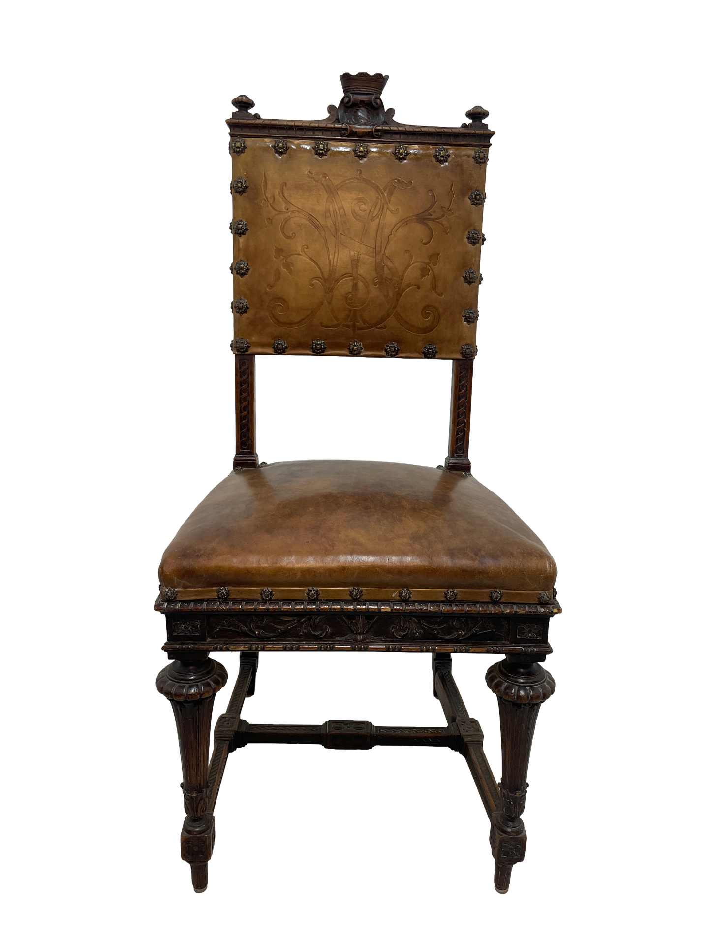 Set of 8 Italian Walnut Dining Chairs with Embossed Leather, Late 19th Century